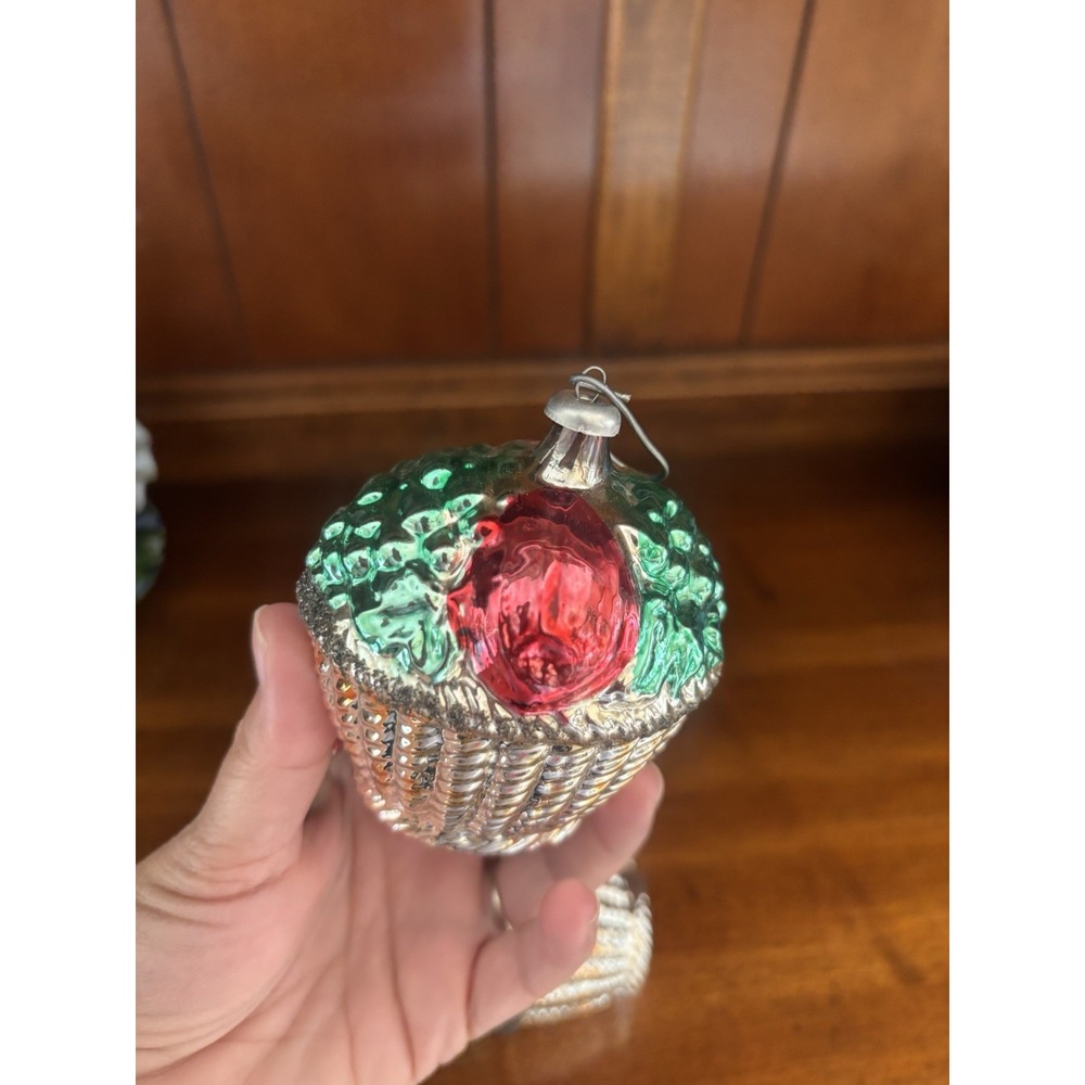 5pc Vintage German Mercury Glass Christmas Ornaments fruit basket handpainted - Picture 4 of 15